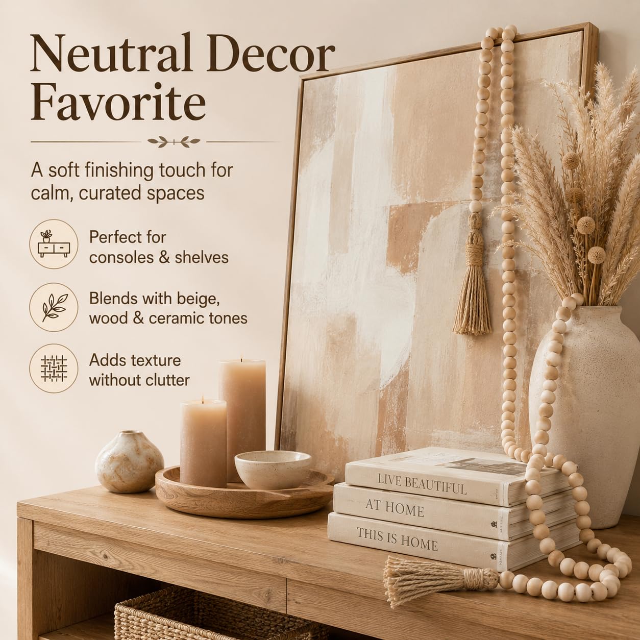 Wood bead garland styled neutral decor