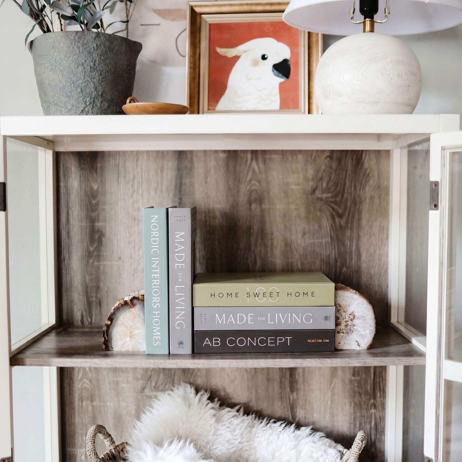 Mocha books styled in a living room