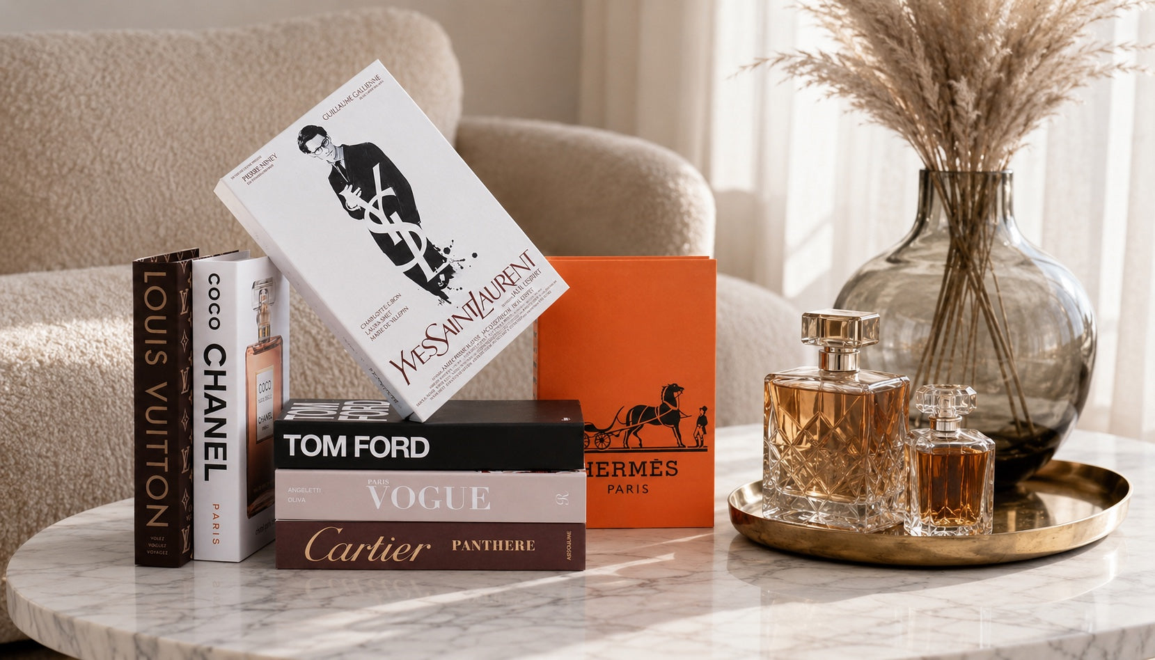 PROBENEX decorative books styled with Hermès and pampas