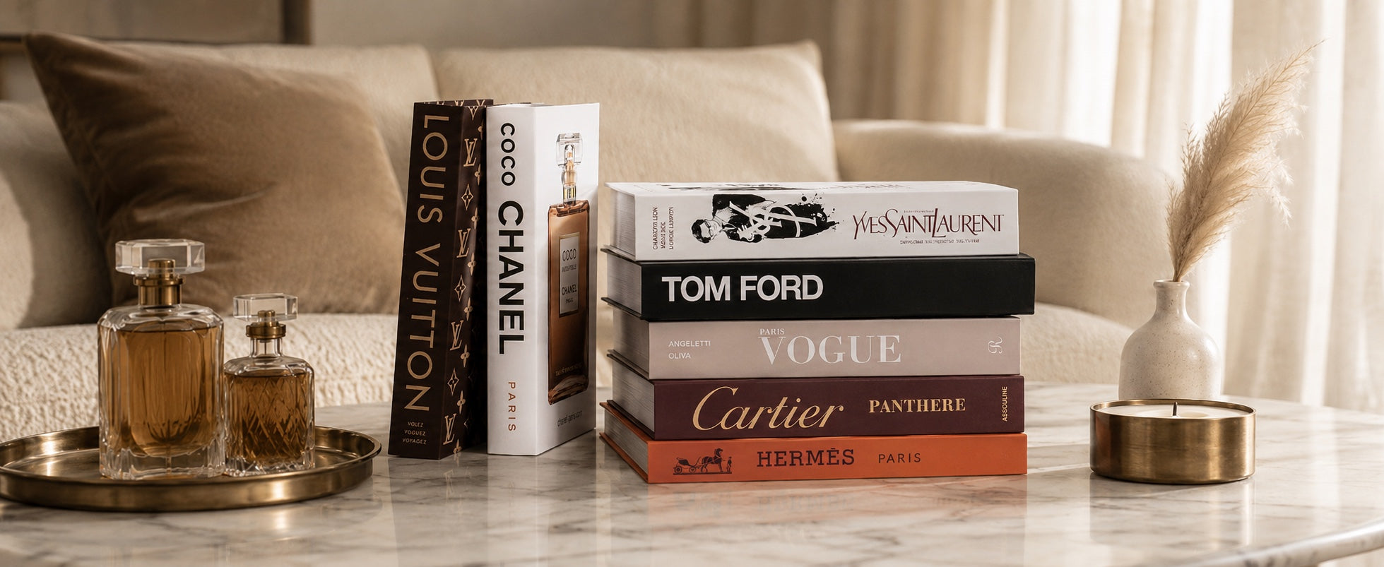 PROBENEX decorative book stack styled on a coffee table